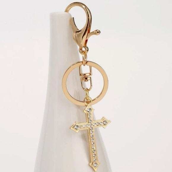 Rhinestone Cross Charm Keychain Golden Keyfob Spiritual Gift - Picture 5 of 7